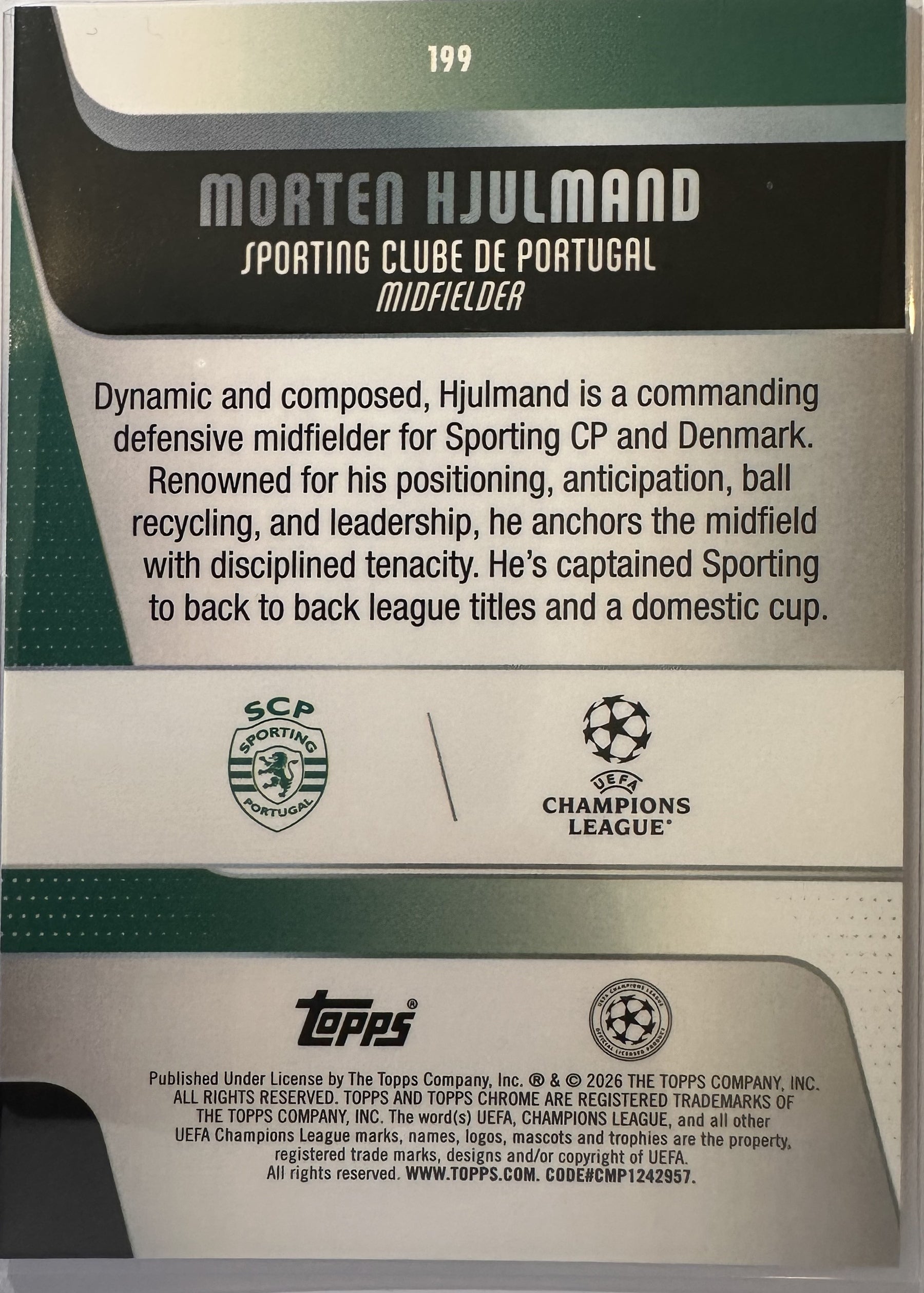 Morten Hjulmand - 2025-26 Topps Chrome UEFA Club Competitions (Prism Refractor) [199] - achterkant
