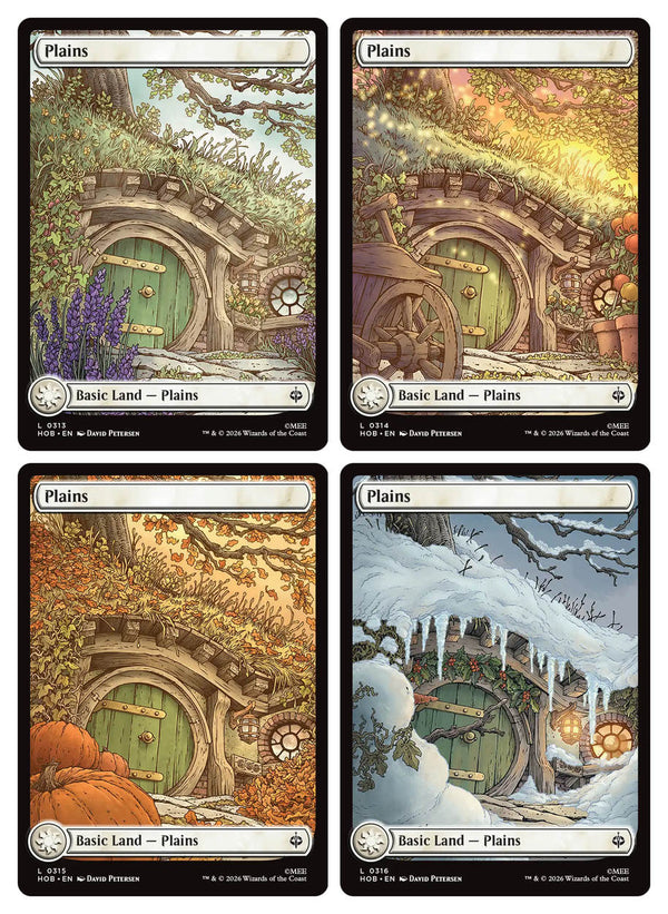 De vier full-art Seasonal Hobbit basislanden uit de Gift Bundle in surge foil