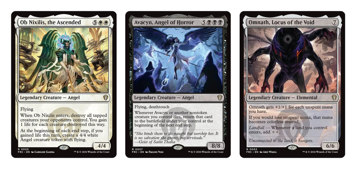 Echoverse-legendes uit Multiverse Reforged: Ob Nixilis, the Ascended, Avacyn, Angel of Horror en Omnath, Locus of the Void
