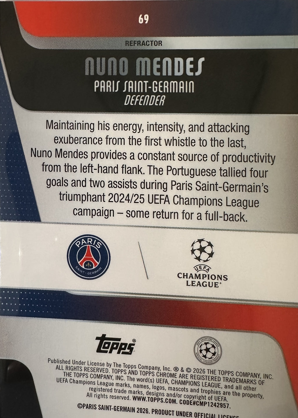 Nuno Mendes - 2025-26 Topps Chrome UEFA Club Competitions (Refractor) [69] - achterkant