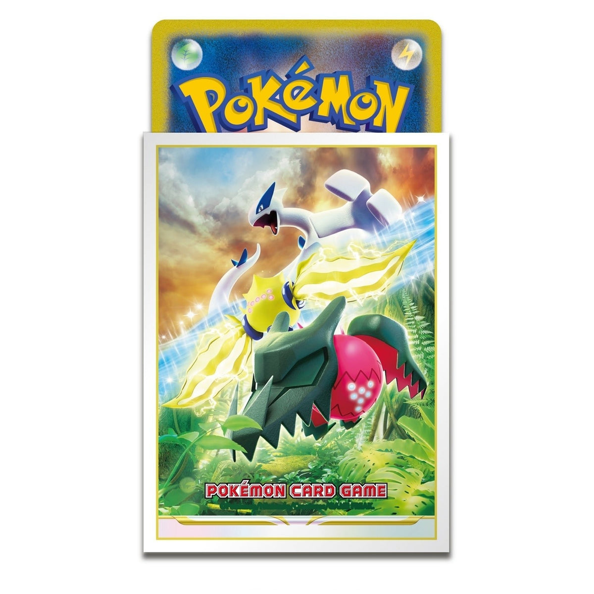 Pokémon Sleeves - Lugia, Regieleki & Regidrago (64 stuks, Japans) – losse sleeve met een kaart erin, close-up van de voorkant (officiële afbeelding Pokémon Center Japan)