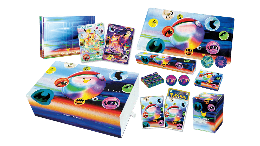 Inhoud van de Pokémon 30th CELEBRATION FUTURISTIC BOX met twee Pikachu ex-promokaarten, accessoires en doos | Lichcards