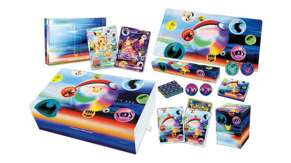 Inhoud van de Pokémon 30th CELEBRATION FUTURISTIC BOX met twee Pikachu ex-promokaarten, accessoires en doos | Lichcards