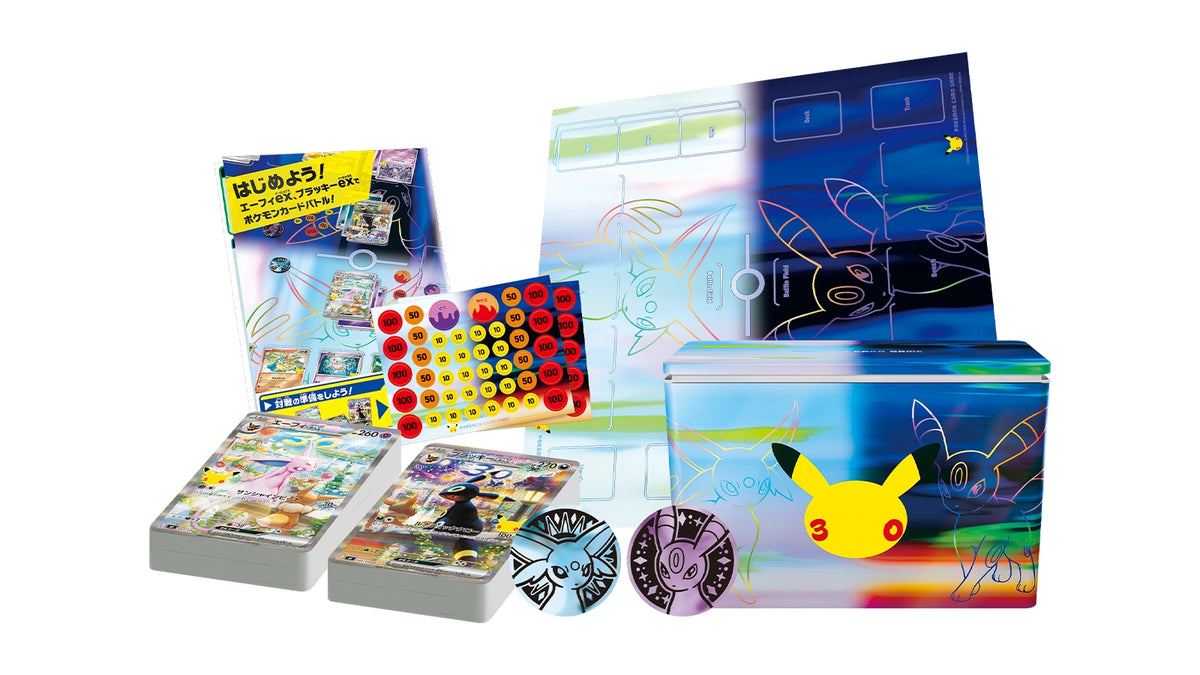 Inhoud van de Pokémon 30th Celebration Premium Deck Set met twee decks en accessoires