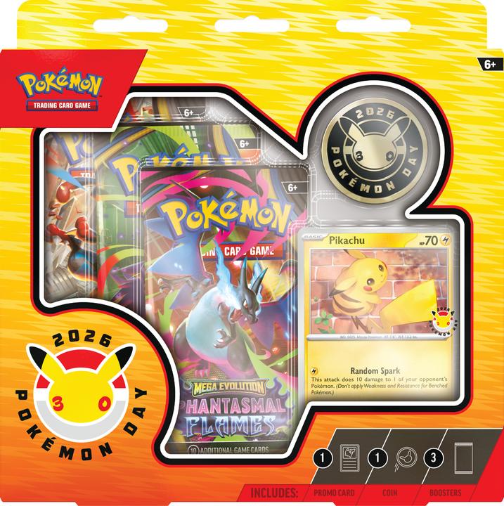 Pokémon Day 2026 Collection Engels - verpakking met Pikachu promokaart, munt en drie boosters Imagen principal del producto