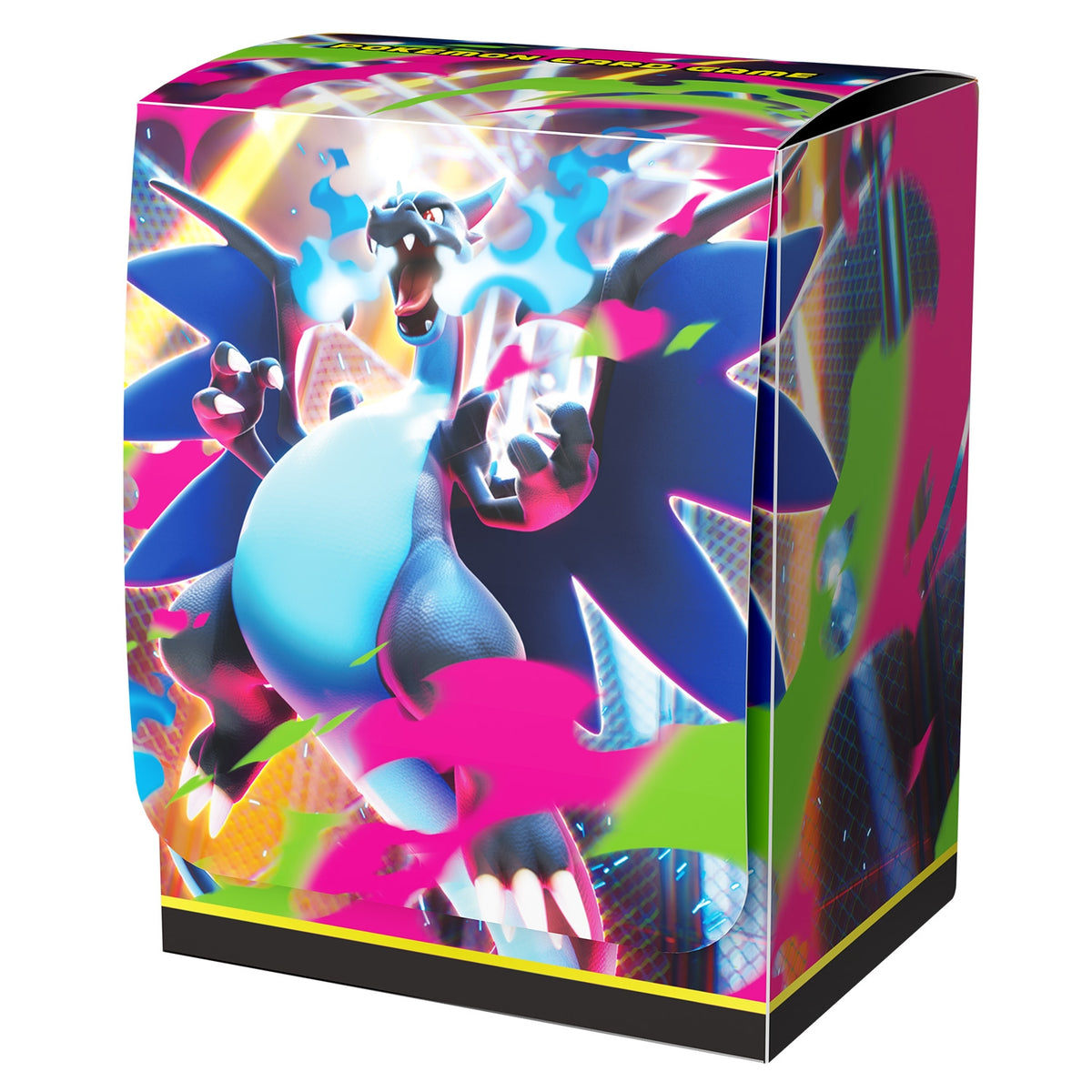 Japanse Pokémon deckbox Mega Charizard X met kleurrijke achtergrond