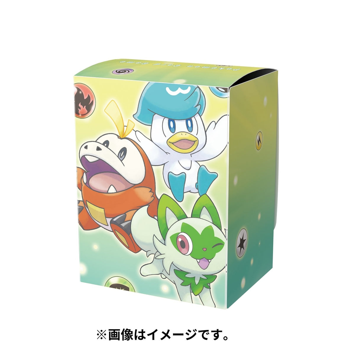 Voor- en achterzijde van de Japanse Pokémon Center deckbox Sprigatito, Fuecoco en Quaxly