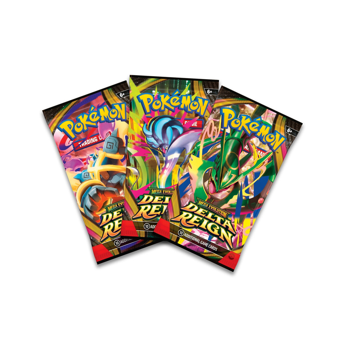 Voorbeeld van drie Engelse Pokémon Delta Reign-boosters; het boosterartwork kan variëren
