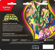 Achterzijde van de Engelse Pokémon Delta Reign 3-Pack Blister met informatie over de inhoud