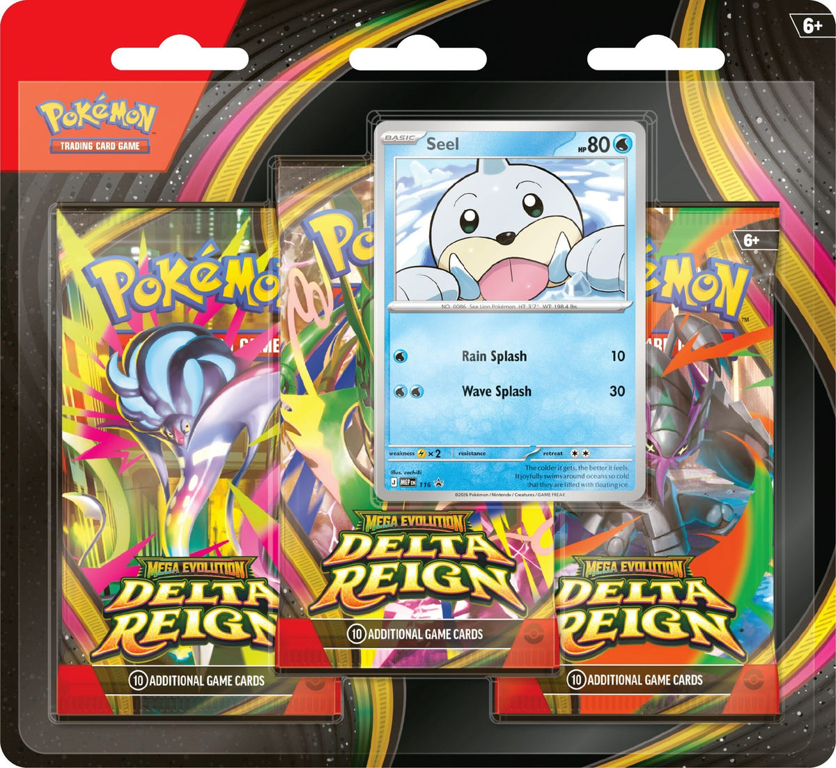 Voorzijde van de Engelse Pokémon Delta Reign 3-Pack Blister met drie boosters en Seel-promokaart Hoofdafbeelding