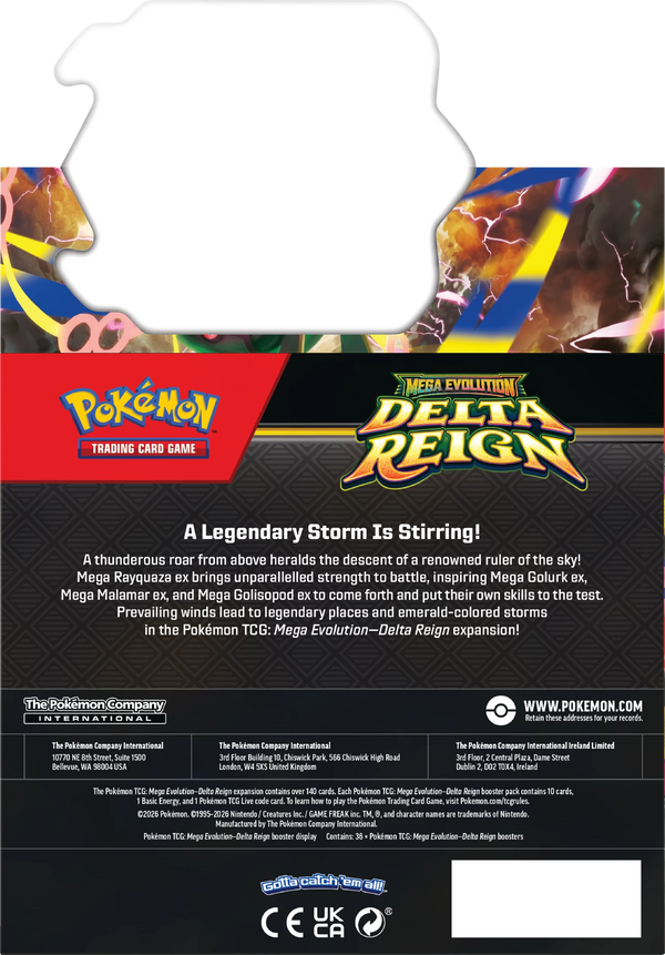 Booster Box Pokémon Mega Evolution Delta Reign – dos avec les informations en anglais et la mention de 36 boosters