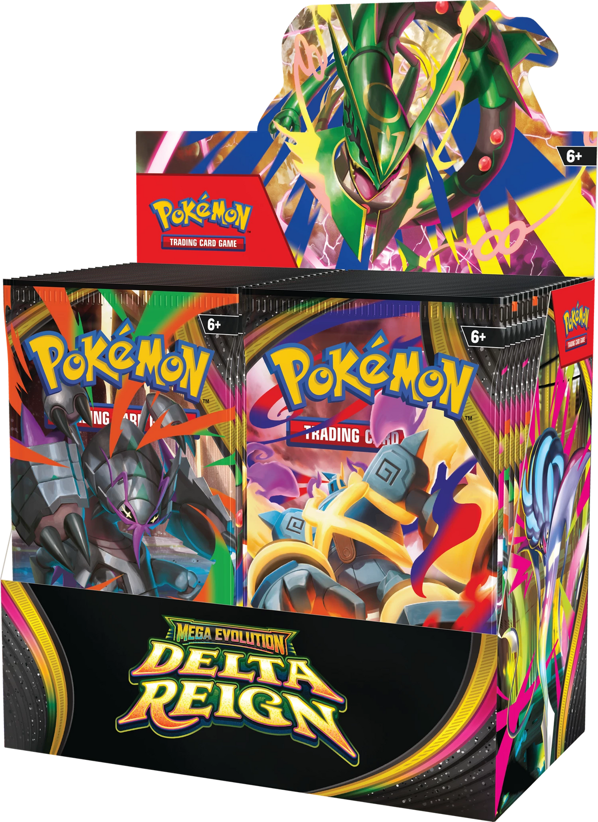 Booster Box Pokémon Mega Evolution Delta Reign – vue de trois quarts droite du présentoir de 36 boosters en anglais