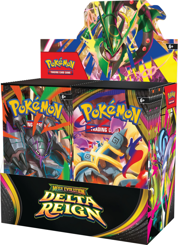 Booster Box Pokémon Mega Evolution Delta Reign – vue de trois quarts droite du présentoir de 36 boosters en anglais