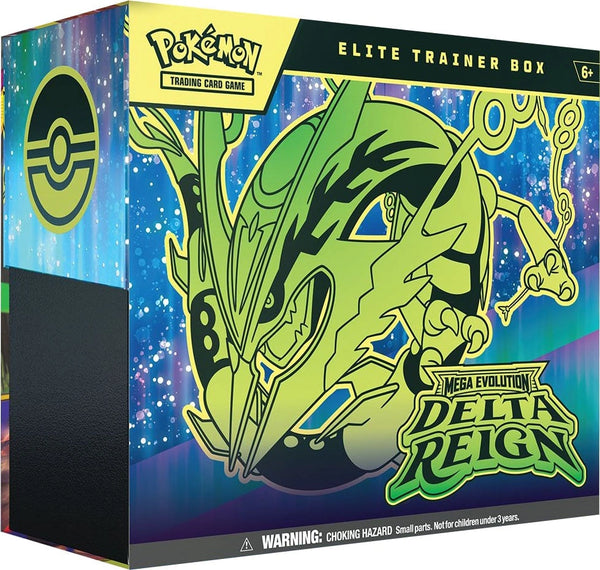 Elite Trainer Box Pokémon Mega Evolution Delta Reign en anglais – vue de trois quarts gauche avec Mega Rayquaza