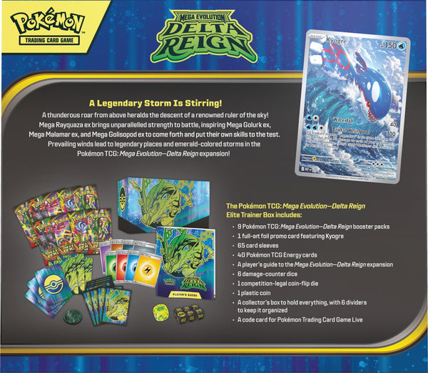 Elite Trainer Box Pokémon Mega Evolution Delta Reign en anglais – dos avec le contenu et la carte promo Kyogre
