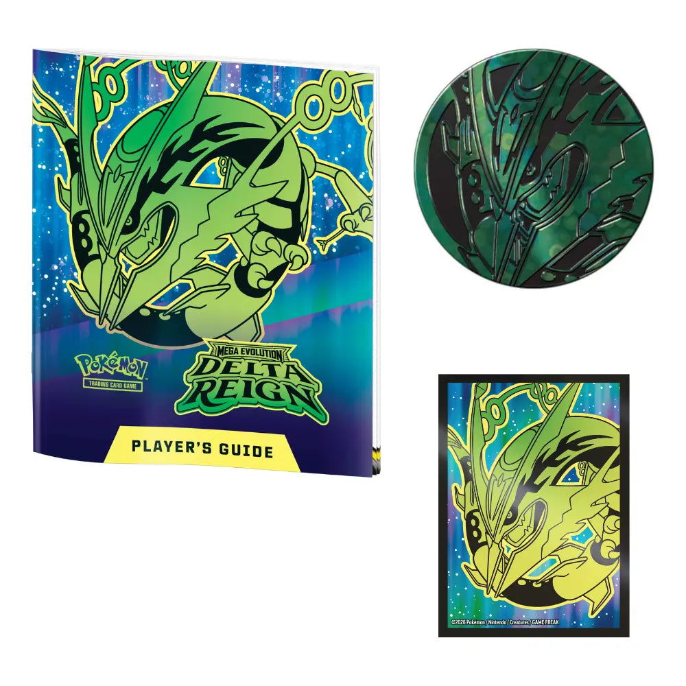 Elite Trainer Box Pokémon Mega Evolution Delta Reign – guide de jeu en anglais, pièce Mega Rayquaza et protège-carte