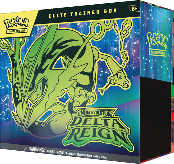 Elite Trainer Box Pokémon Mega Evolution Delta Reign en anglais – face avant et côté droit avec Mega Rayquaza