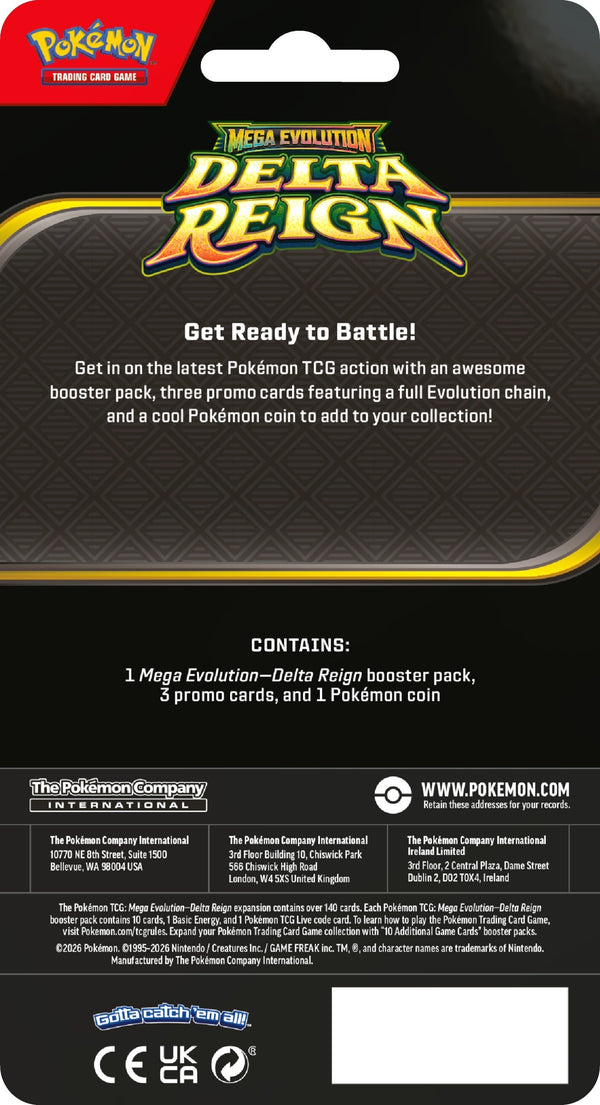 Achterkant van de Pokémon Delta Reign Premium Checklane-verpakking met de inhoud: één booster, drie evolutiekaarten en een munt