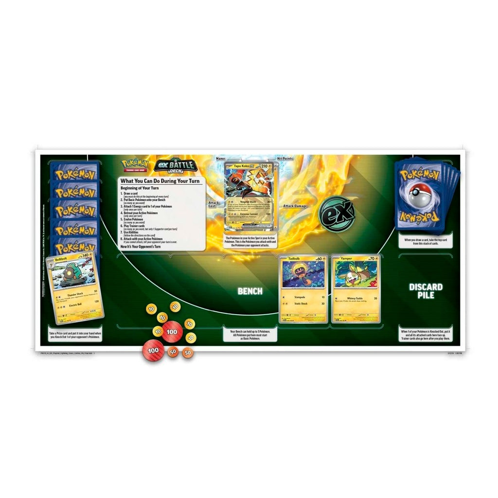 Pokémon TCG ex Battle Deck Tapu Koko ex - inhoud uitgespreid op de speelmat: deck, deckbox, damage counters en speluitleg