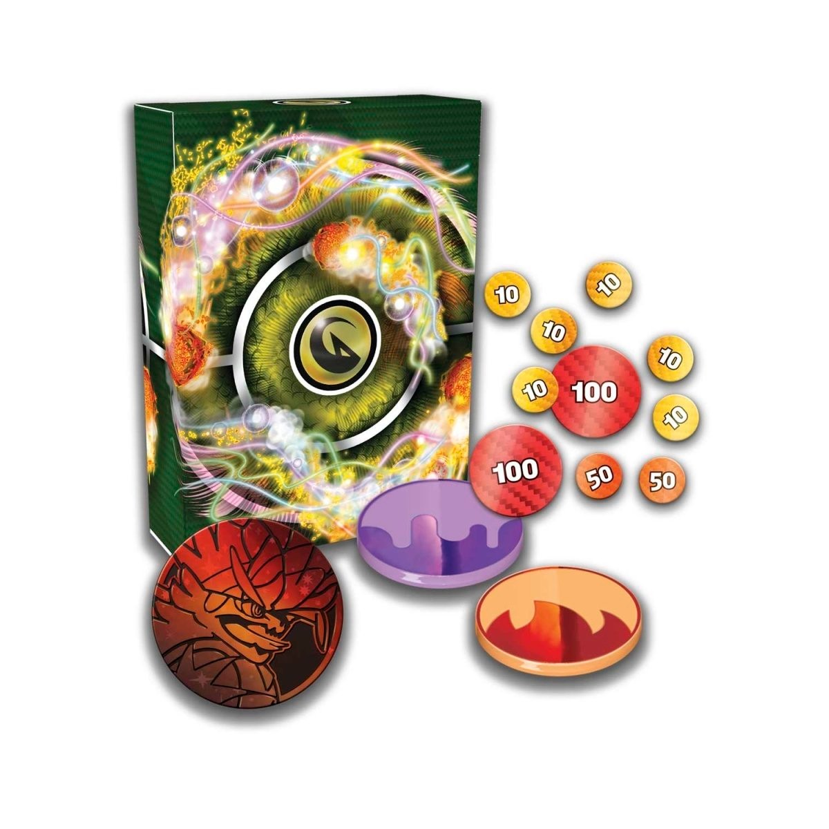 Pokémon TCG Deluxe Battle Deck Koraidon ex - accessoires: deckbox, metalen muntje, damage counters en conditiemarkers