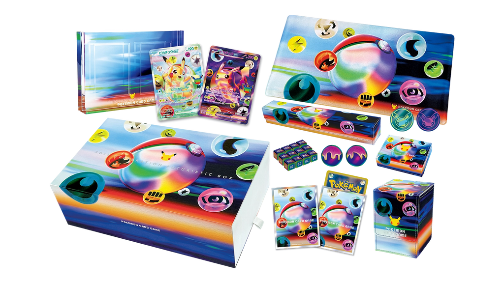 Contenido de la Pokémon 30th CELEBRATION FUTURISTIC BOX con dos cartas promocionales de Pikachu ex, accesorios y caja
