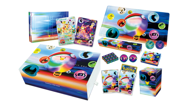 Contenido de la Pokémon 30th CELEBRATION FUTURISTIC BOX con dos cartas promocionales de Pikachu ex, accesorios y caja