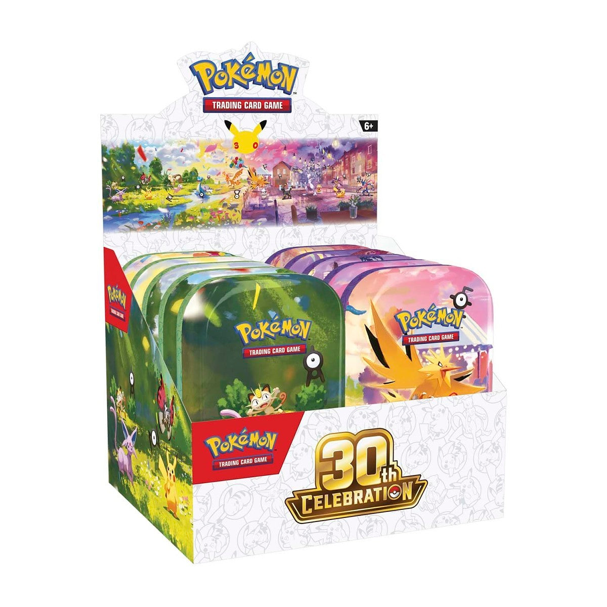 Pokémon TCG: 30th Celebration Mini Tins – display met 10 artworks