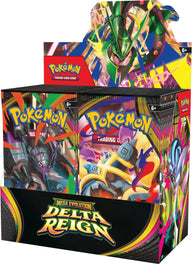 Pokémon Mega Evolution Delta Reign Booster Box – rechter voorhoek en zijkant van Engelse display met 36 boosters | Lichcards