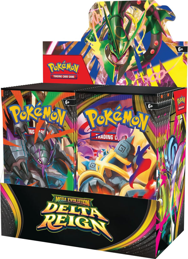 Pokémon Mega Evolution Delta Reign Booster Box – rechter voorhoek en zijkant van Engelse display met 36 boosters | Lichcards