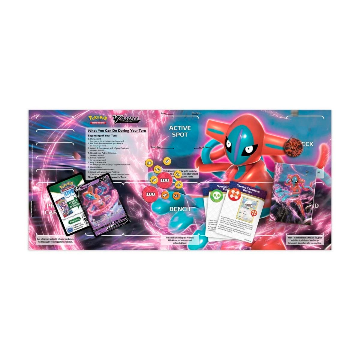 Pokémon V Battle Deck Deoxys V - inhoud uitgespreid op de speelmat: deck, deckbox, damage counters, muntje en speluitleg