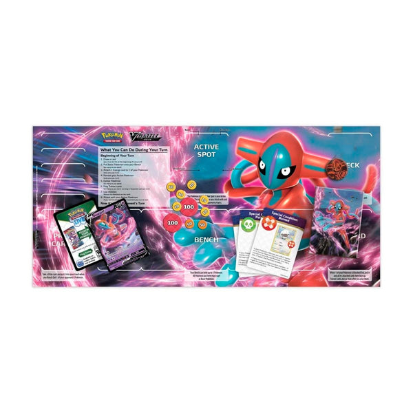 Pokémon V Battle Deck Deoxys V - inhoud uitgespreid op de speelmat: deck, deckbox, damage counters, muntje en speluitleg