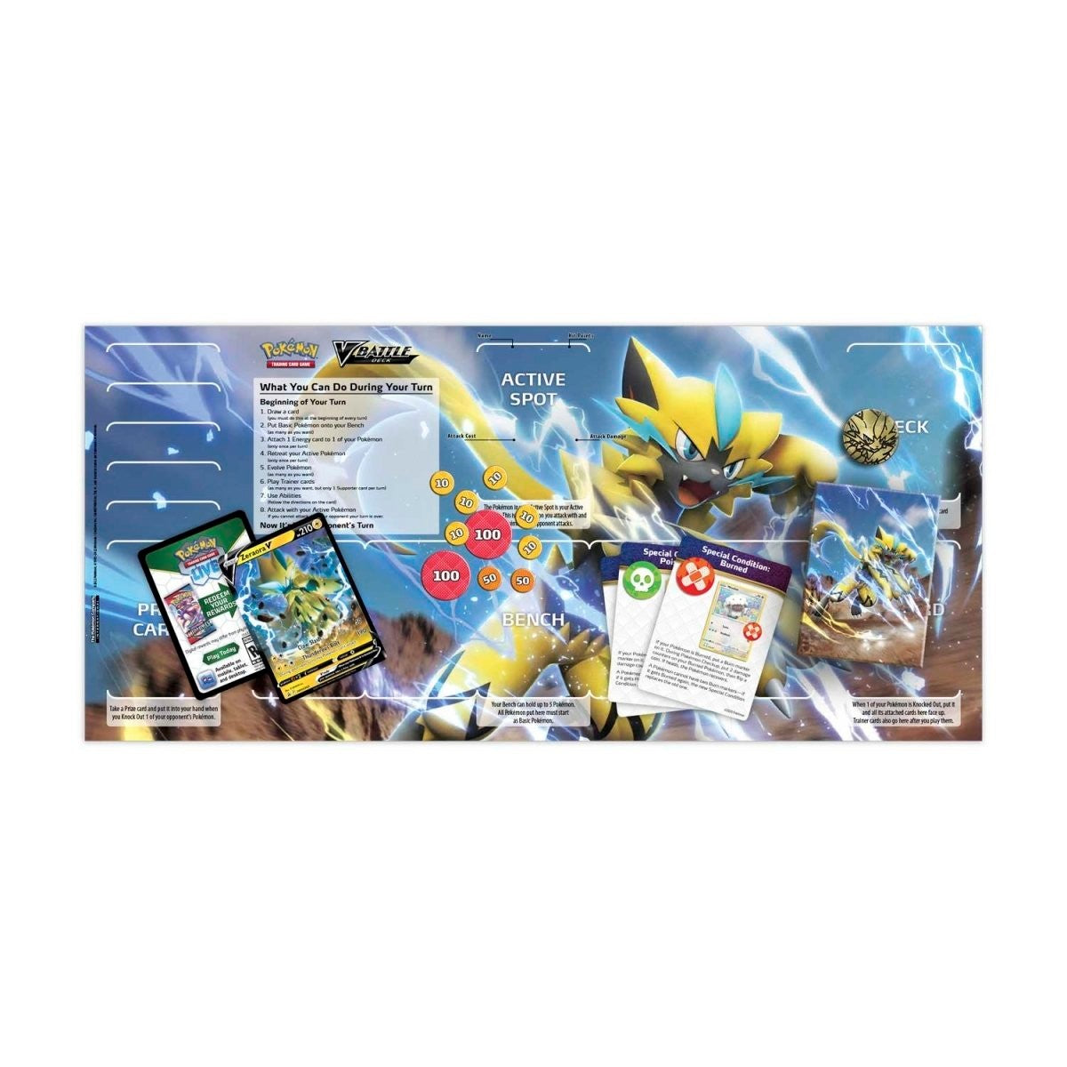 Pokémon V Battle Deck Zeraora V - inhoud uitgespreid op de speelmat: deck, deckbox, damage counters, muntje en speluitleg