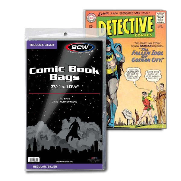 Verpakking van 100 BCW Silver/Regular comic book bags naast een Silver Age comic
