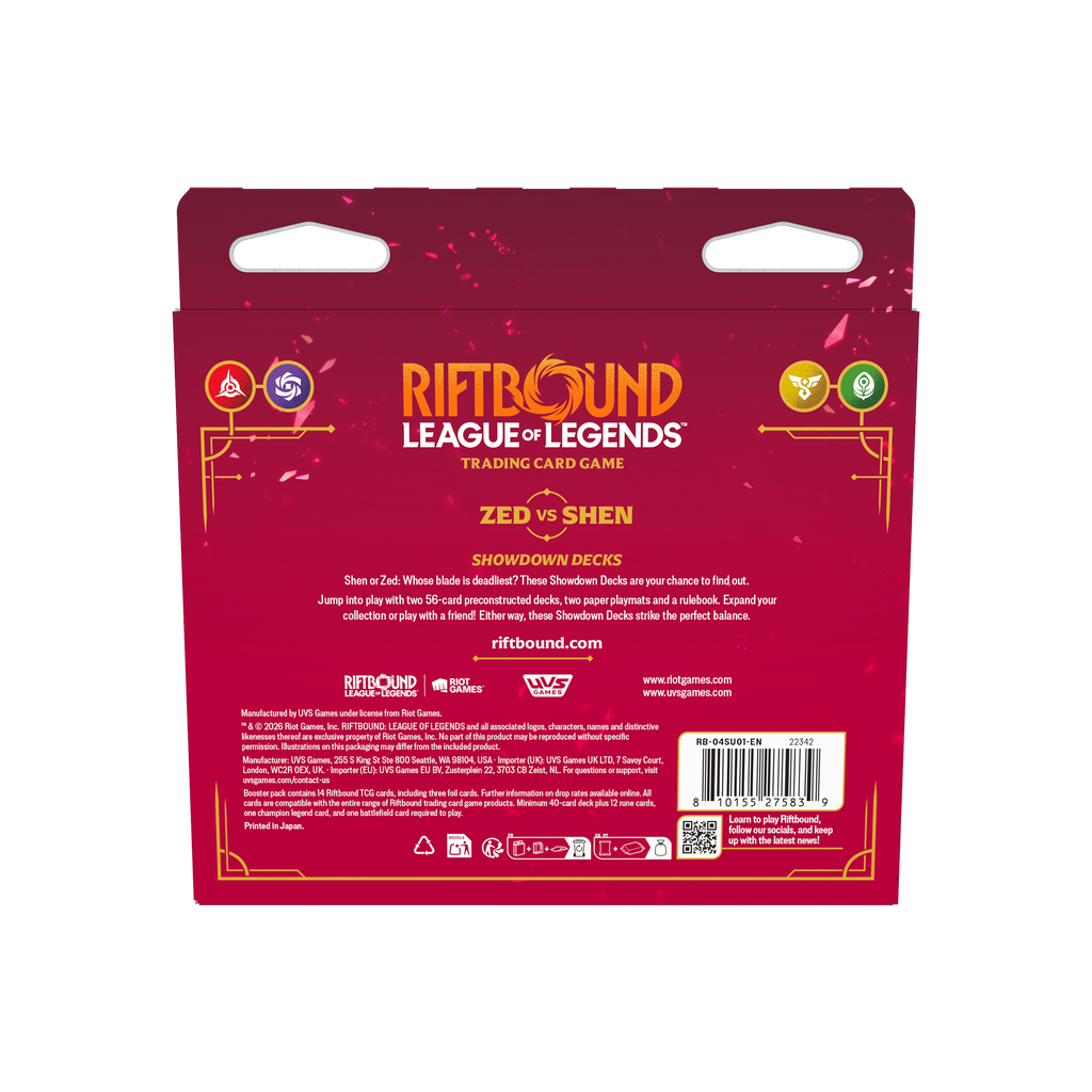 Riftbound Vendetta Zed vs Shen Showdown Decks achterkant en inhoud