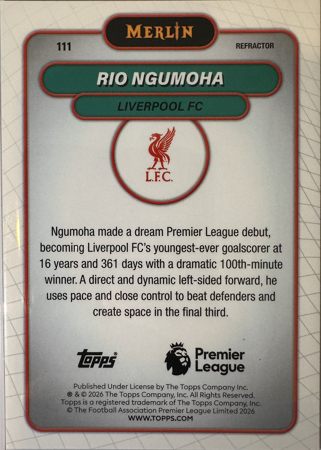 Rio Ngumoha - 2025-26 Topps Merlin Premier League (Refractor RC) [111] - achterkant