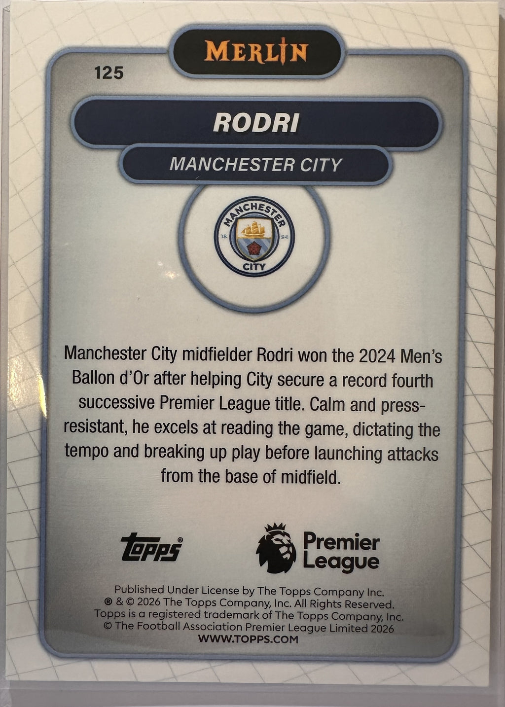Rodri - 2025-26 Topps Merlin Premier League (Aqua Refractor 028/199) [125] - achterkant