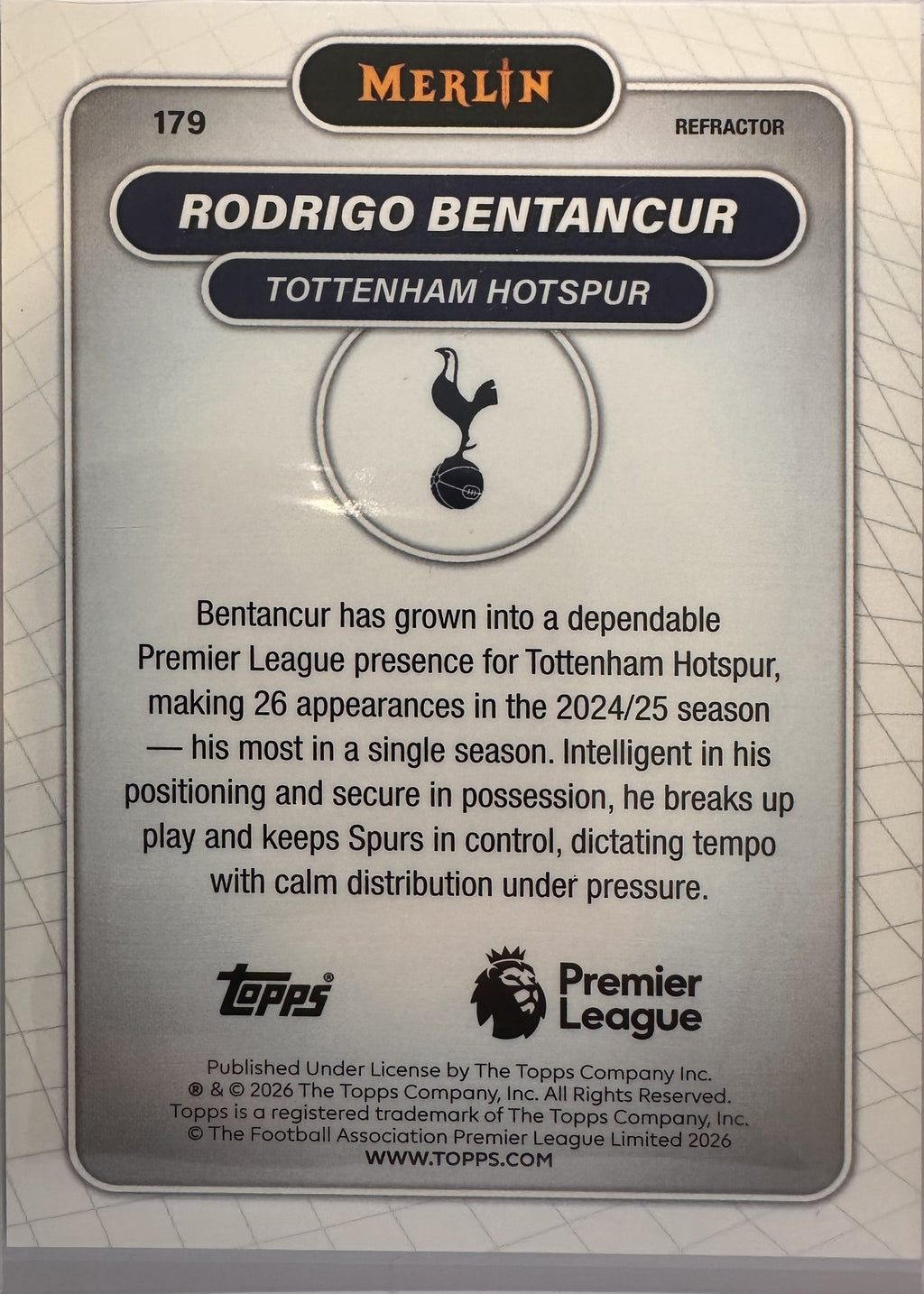 Rodrigo Bentancur - 2025-26 Topps Merlin Premier League (Refractor) [179] - achterkant