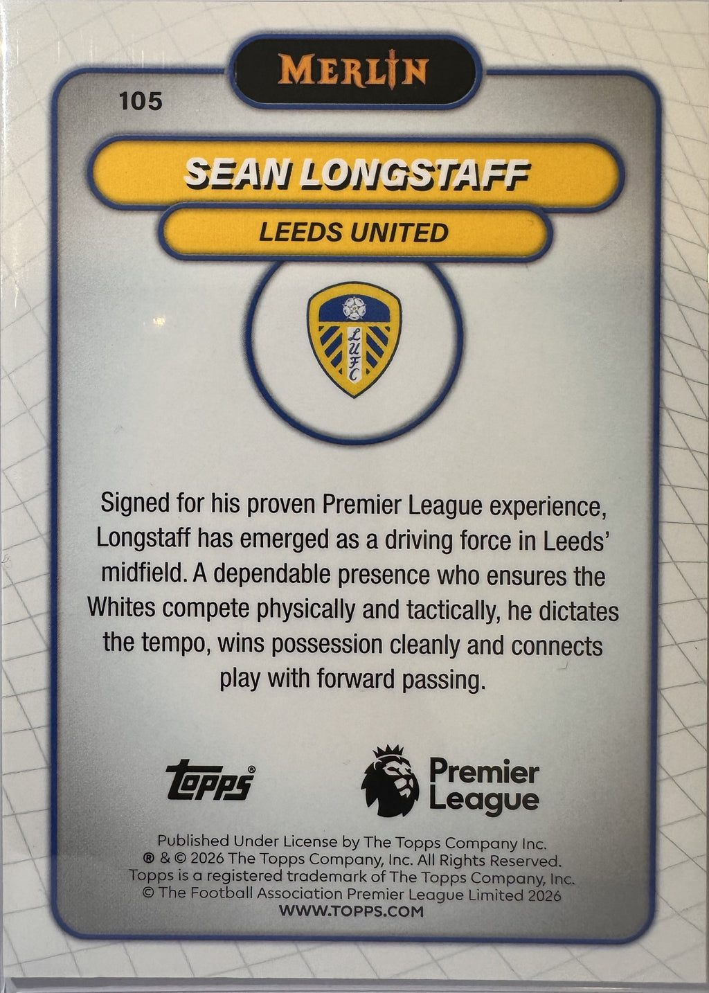 Sean Longstaff - 2025-26 Topps Merlin Premier League (Vintage Merlin Refractor) [105] - achterkant
