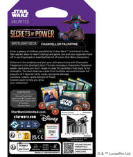 Star Wars Unlimited Secrets of Power Spotlight Deck Chancellor Palpatine - achterkant van de verpakking met inhoud