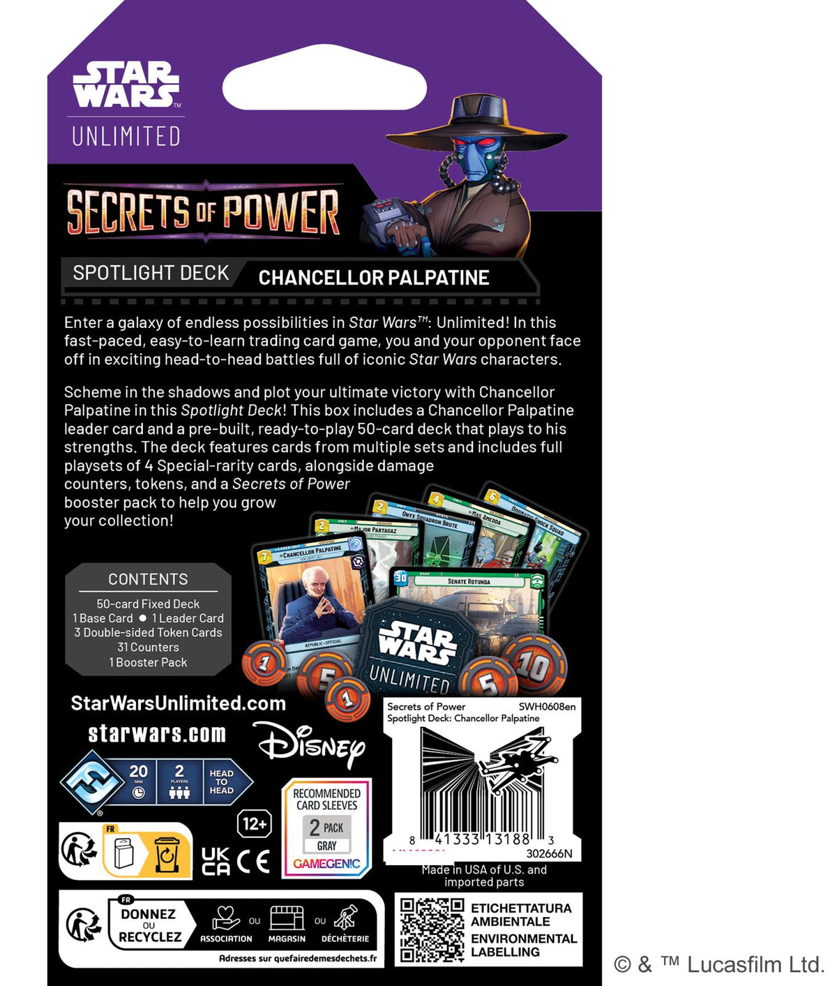 Star Wars Unlimited Secrets of Power Spotlight Deck Chancellor Palpatine - achterkant van de verpakking met inhoud