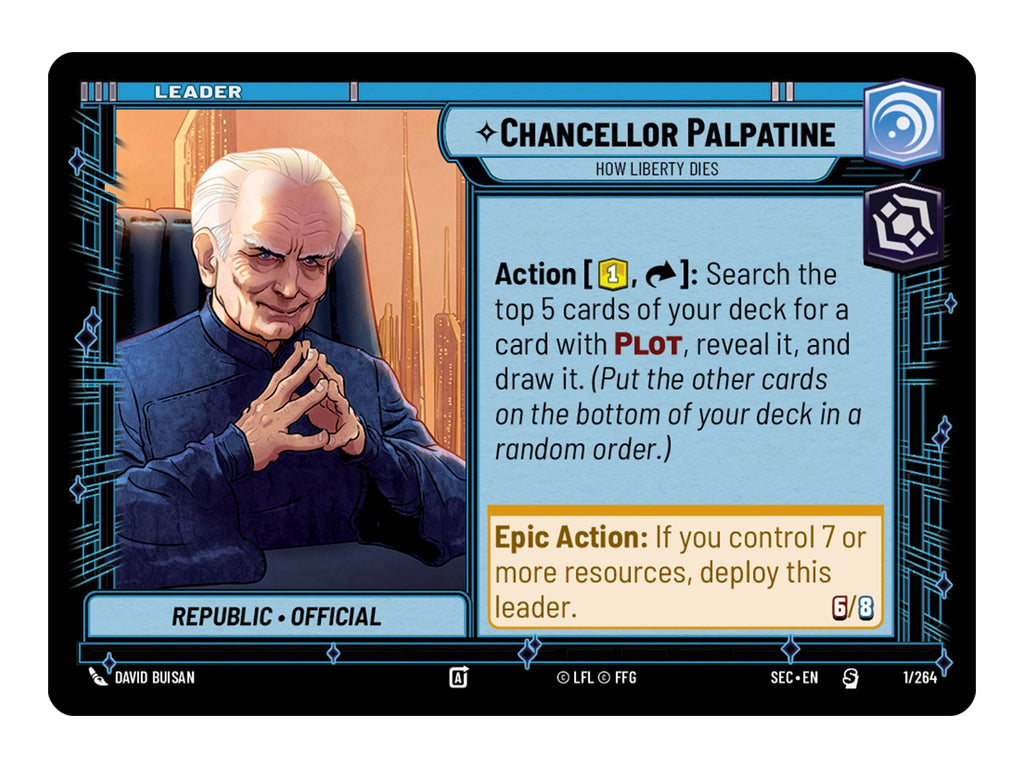 Star Wars Unlimited Secrets of Power Spotlight Deck Chancellor Palpatine - de Chancellor Palpatine leaderkaart uit het deck