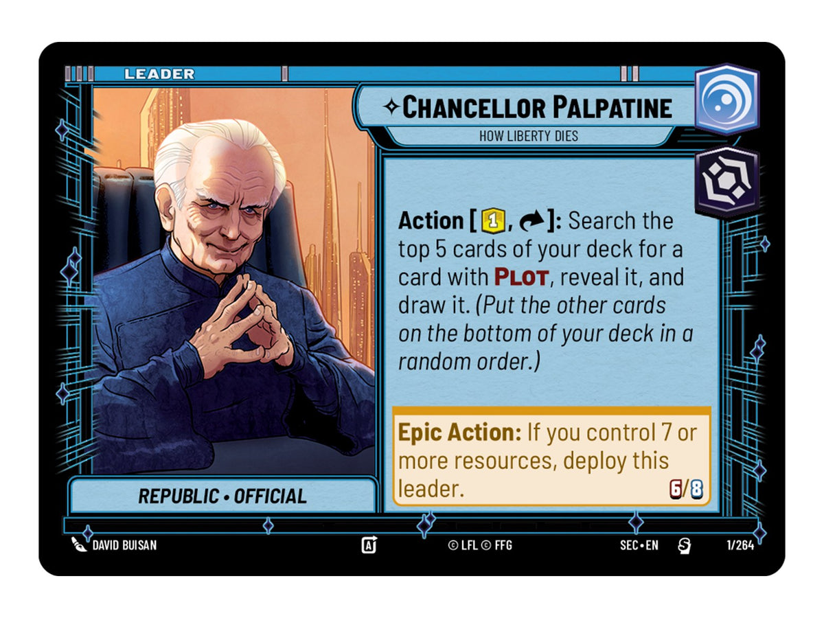 Star Wars Unlimited Secrets of Power Spotlight Deck Chancellor Palpatine - de Chancellor Palpatine leaderkaart uit het deck