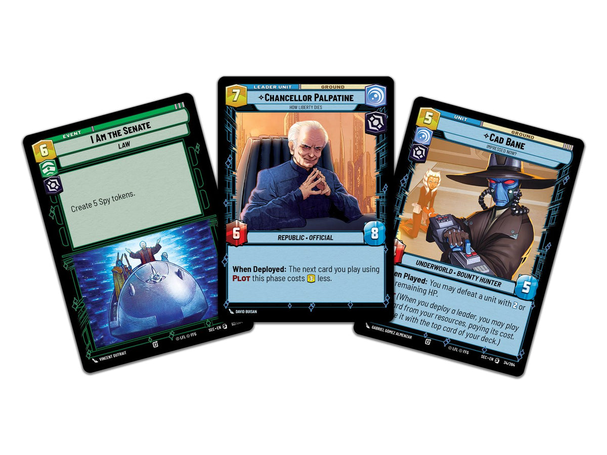 Star Wars Unlimited Secrets of Power Spotlight Deck Chancellor Palpatine - voorbeeldkaarten uit het deck: I Am the Senate, Chancellor Palpatine en Cad Bane