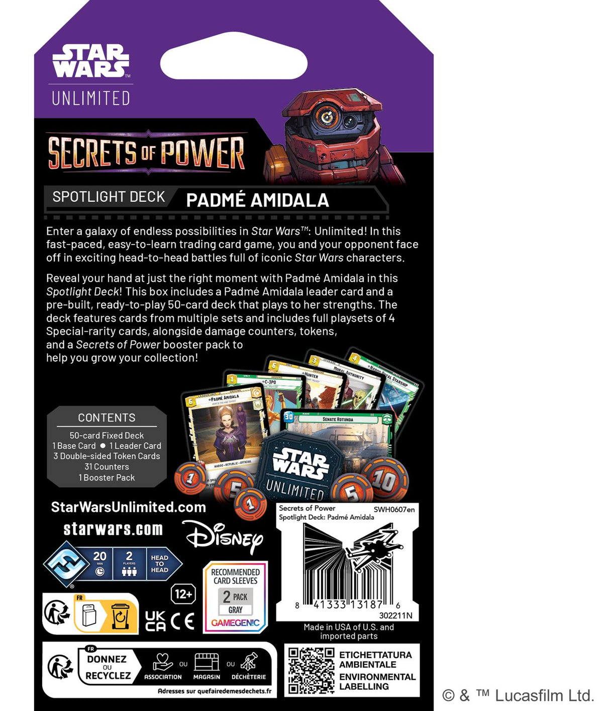 Star Wars Unlimited Secrets of Power Spotlight Deck Padmé Amidala - achterkant van de verpakking met inhoud