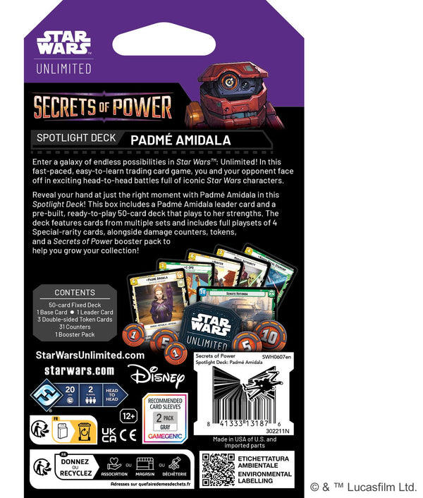 Star Wars Unlimited Secrets of Power Spotlight Deck Padmé Amidala - achterkant van de verpakking met inhoud