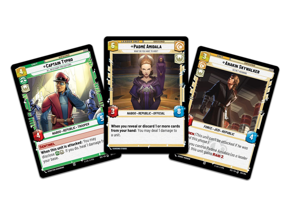 Star Wars Unlimited Secrets of Power Spotlight Deck Padmé Amidala - voorbeeldkaarten uit het deck: Captain Typho, Padmé Amidala en Anakin Skywalker