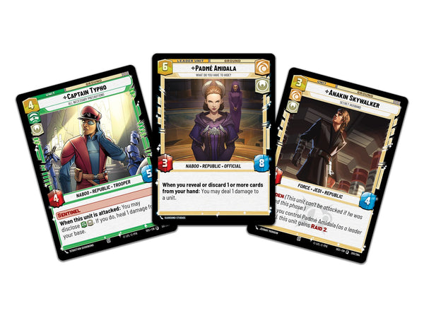 Star Wars Unlimited Secrets of Power Spotlight Deck Padmé Amidala - voorbeeldkaarten uit het deck: Captain Typho, Padmé Amidala en Anakin Skywalker
