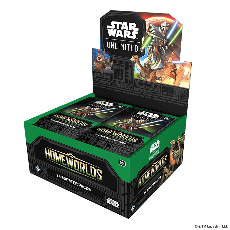 English Star Wars Unlimited Homeworlds booster box with open top, angled view from the right