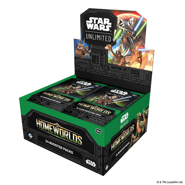 English Star Wars Unlimited Homeworlds booster box with open top, angled view from the right