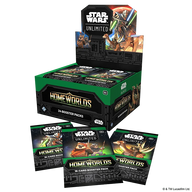 English Star Wars Unlimited Homeworlds booster box with three different booster pack artworks in front